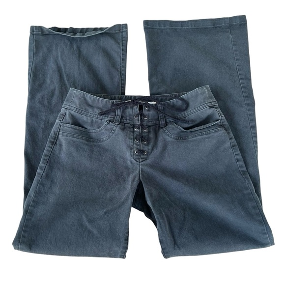 Y2K Lace-Up Front Flare Stretch Jeans Express Washed Faded Black Junior 3/4 - Picture 1 of 15